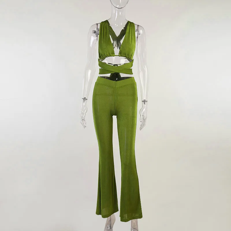 Deux pièces ensemble femmes Sexy pansement découpé moulante corset haut taille haute solide vert maigre Flare pantalon été Streetwear 210517