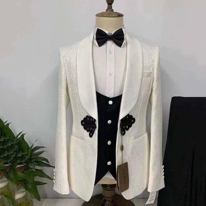2021 Laatste ontwerp Britse stijl afdrukken herenpak Casual single-breasted boutique 3-delige set bruiloft prom smoking bruidegom jurk x0909