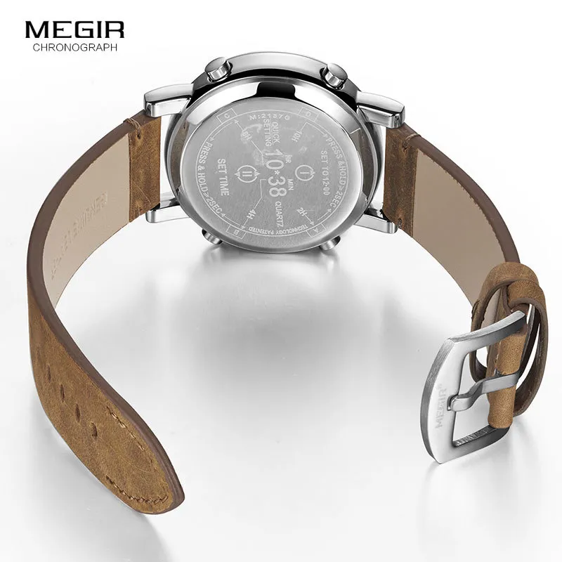 MEGIR Neue Top Band Uhren Männer Militär Sport Braun Leder Quarz Armbanduhr Luxus Trommel Roller relogio masculino 2137 210329220w