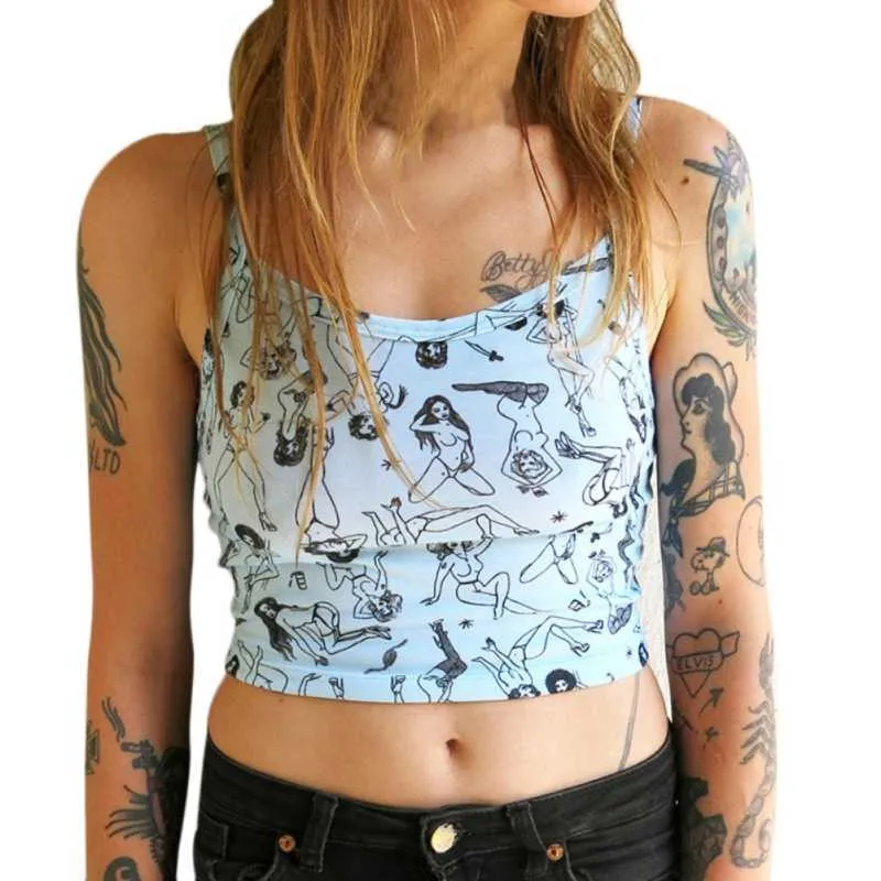 Kvinnor Sommar Sexig Tank Vest Crop Top Ärmlös Cartoon Print Cotton Clubwear Vest Off Shoulder Camisole Ny Ankomst Y0622