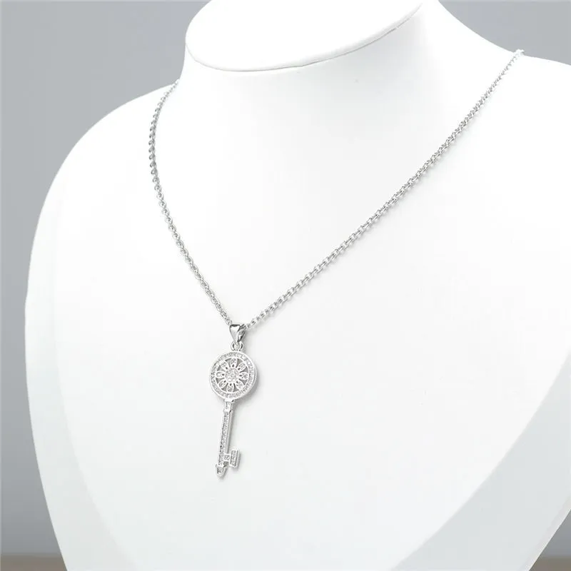 Stainless Steel Chain Necklace Round Cross & Key Cubic Zirconia Neckalces Fashion Women Jewelry 45cm Long, 