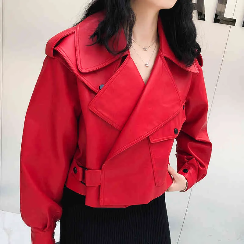 Printemps femmes Faux cuir veste Pu moto motard rouge manteau vestes col rabattu lâche Streetwear noir survêtement 210430