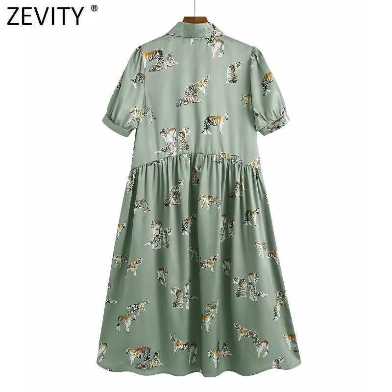 Zevity mujeres Vintage Animal Print plisado hasta la rodilla vestido femenino de manga corta Casual verano Vestidos Chic Retro ropa DS8375 210603
