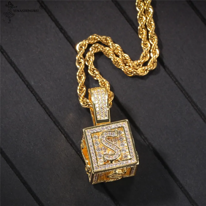 nouvelle mode Micro-incrusté Zircon Dice Cube Lettre Initiale Pendentif Colliers Pour Femmes Hommes Collier Hip Hop Or Couleur Chaîne Bijoux