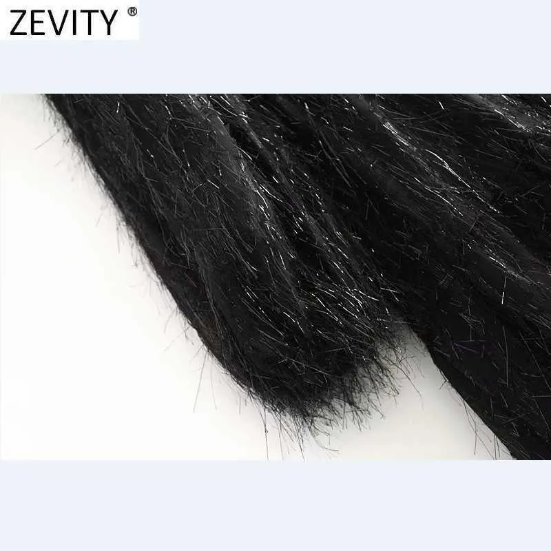 Zevity Women Vintage Vネック輝くタッセル装飾ブラックミニドレスフェムミプリーツパフスリーブシックなヴェストド服DS4894 210603