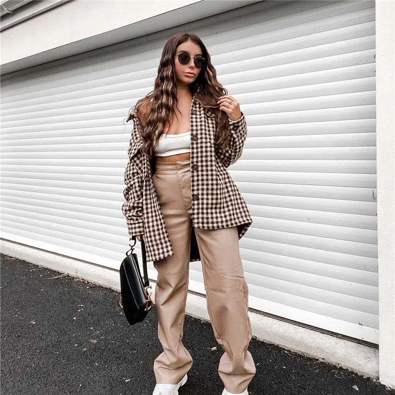 Casual vrouwen oversized bruin plaid shirt jas lente mode dames losse basis jassen vrouwelijke streetwear uitloper 210515