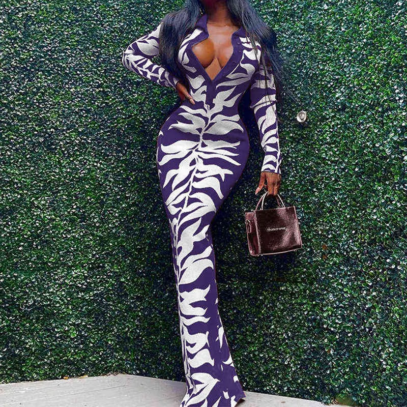 Элегантные ретро шаблон кнопки партии клуб платье сексуальный отворот печати трикотажные Bodycon Maxi платье женщины мода глубокий V с длинным рукавом платье Y1204