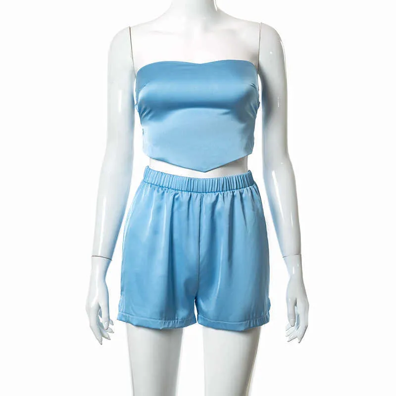 BOOFEENAA Blue Satin Shorts with Crop Top Sets Sexy Summer Outfits for Women 2021 Loungewear Wholesale Items C85-CB13 Y0719