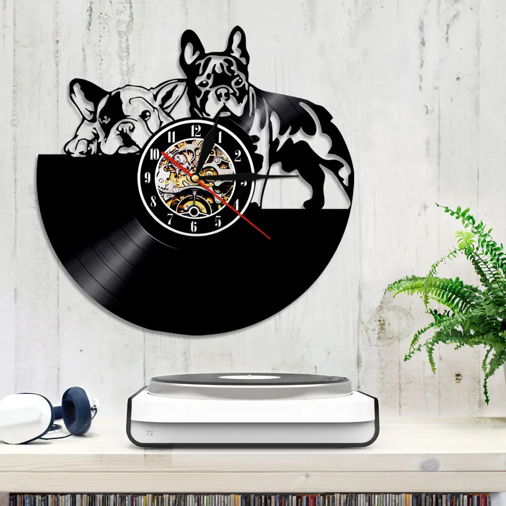 Lindo Bulldog Francês Vinil Vinil Tempo Relógio Desenho Moderno Cão Pet Cachorro Cachorro Animal Wall Wall Decoração Decoração Home Com Luz 210325