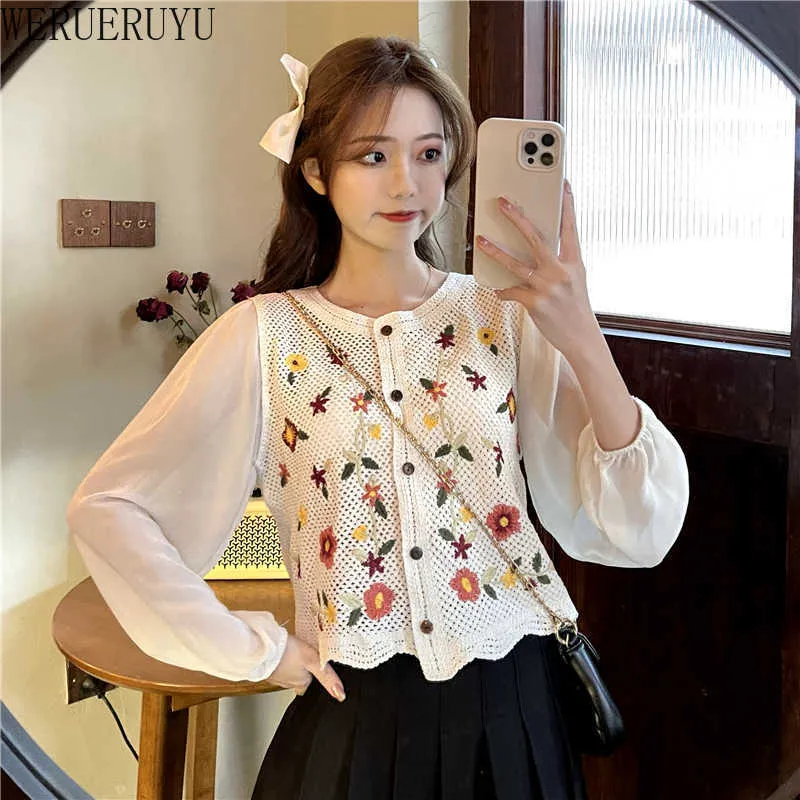 WERUERUYU Korean Style Hollow out O-neck Short Knitted Sweaters Women Thin Cardigan Fashion Sleeve Sun Protection Crop Top 210608
