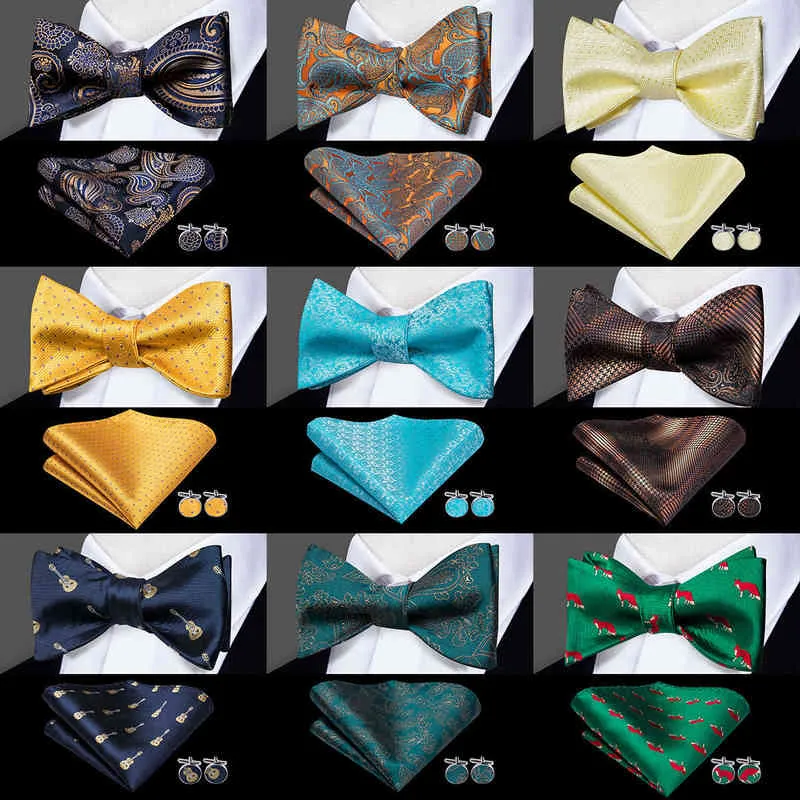 Hi-Tie 100% Silk Adult Men's Self Bow Tie Pocket Square Cufflinks Set Man Formal Wedding Party Accessories Luxury Bow Tie Set Y1229