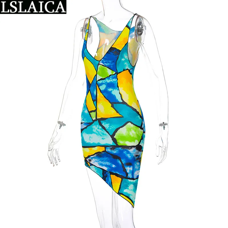 Vrouw jurk mouwloze asymmetrische geometrische patroon print es voor vrouwen vneck sexy slanke zomer straatkleding 210515
