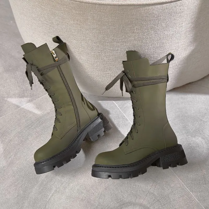 Gerçek Deri Orta Buzağı Çizmeler Ayakkabı Kalın Topuklu Lace Up Kış Serin Ins Tarzı Moda Kış Bayan Ayakkabı Boyutu 34-40