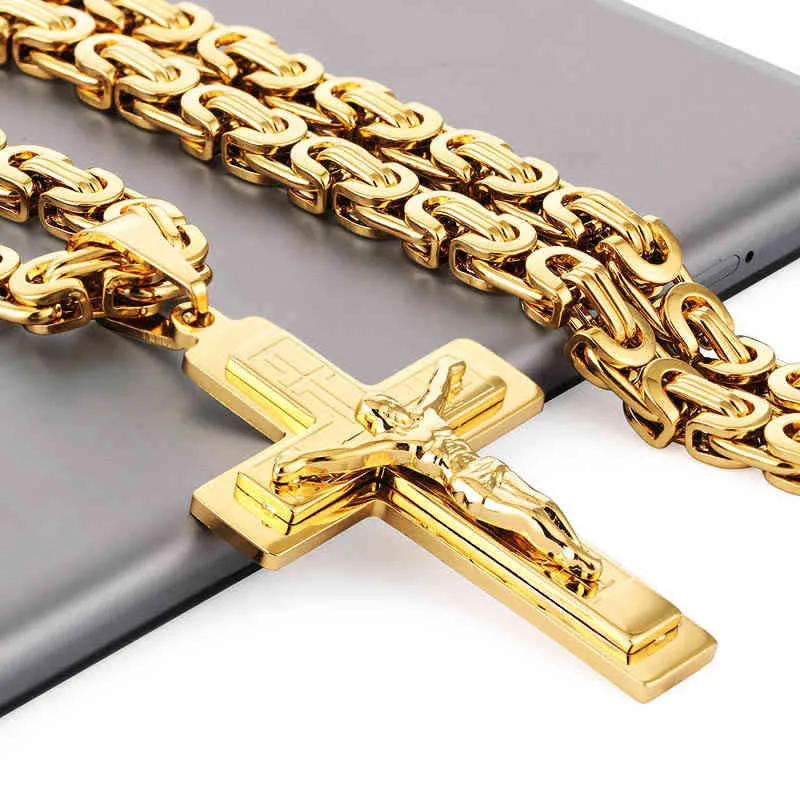 Colar pesado com pingente de cruz de crucifixo, colar dourado de aço inoxidável masculino punk corrente bizantina, colares para homens, joias, presentes7033975