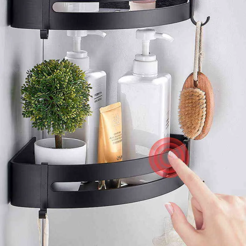 Bathroom Shelves Shower Shelf Bath Corner Shampoo Storage Rack Wall Mounted Aluminum Basket Holder Kitchen Accessories 211112