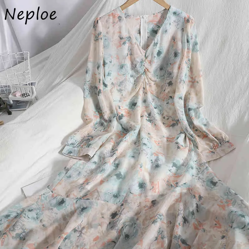 Neploe Vintage Print Bohemian Langes Kleid Frauen V-ausschnitt Drapiertes Design Langarm Vestidos Frühling Temperament Robe 210510