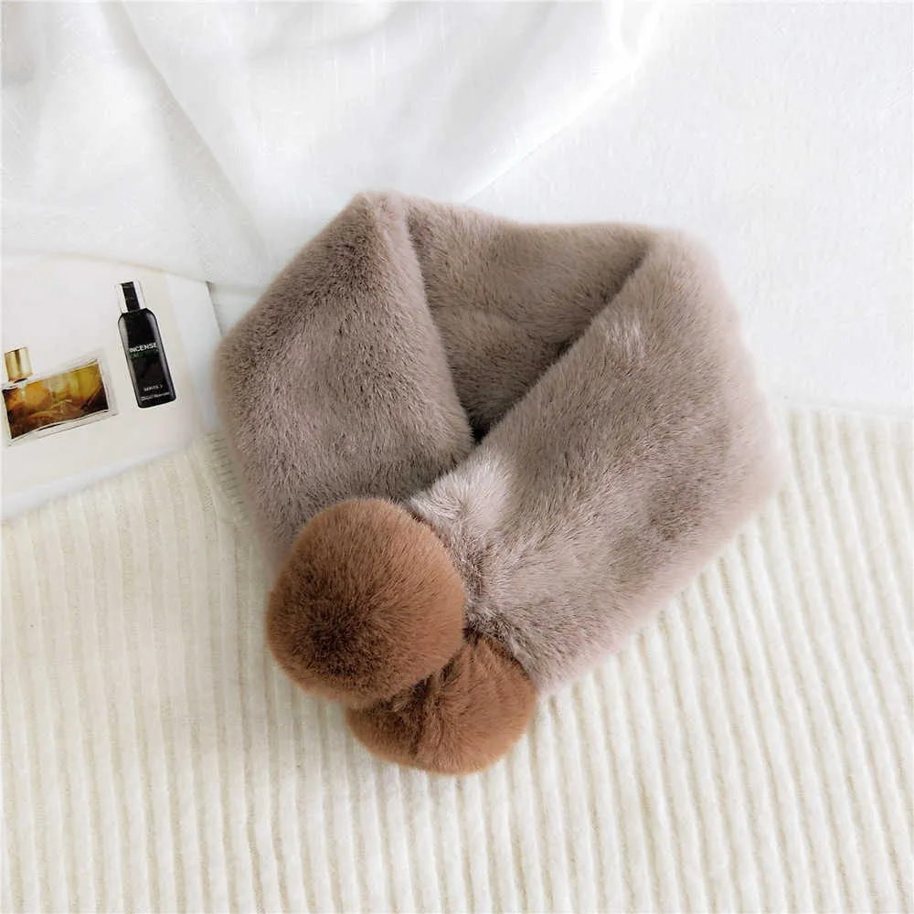 Faux Coelho Fur Ball Pompom Mulheres Scarves Inverno Dupla Collar Neck Aquecedor Sólido Cor Soft Thicken Plush Sleod Scarf para meninas H0923