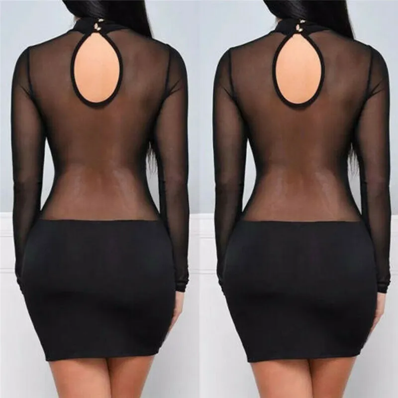 Vestido de mujer transparente de malla vendaje bodycon manga larga fiesta de noche clubwear sexy mini cuello alto ropa de mujer 210522