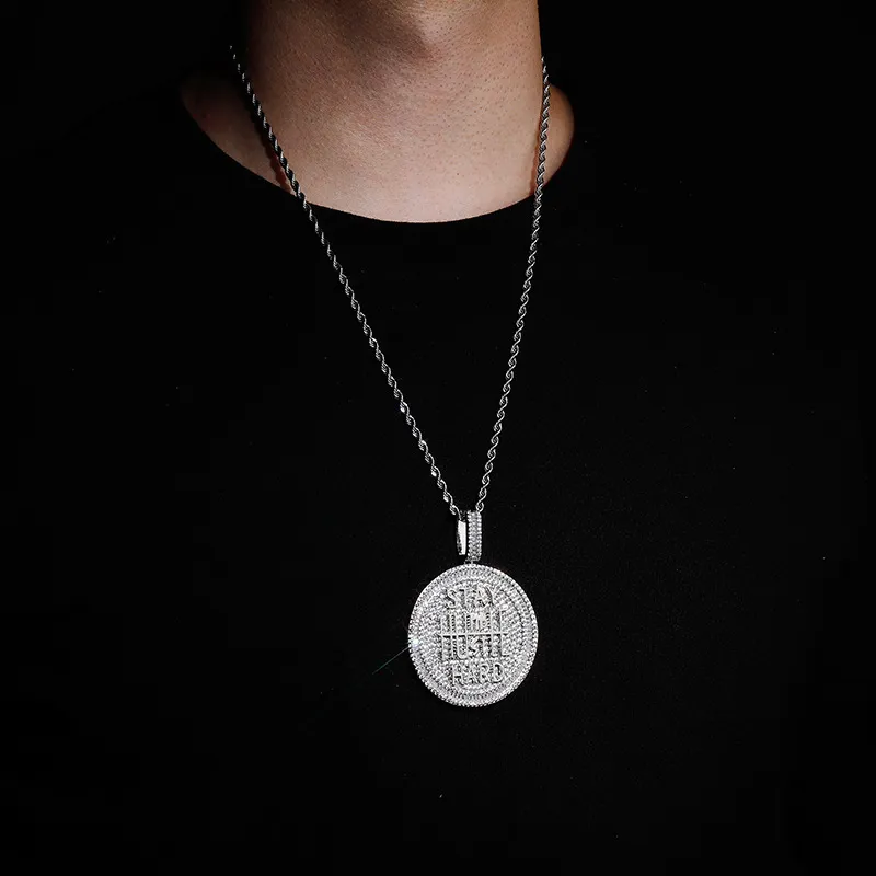 Iced Out Round Pendant Necklace Letter Saty Hard Gold Silver Plated Mens Hip Hop Necklaces Jewelry2843