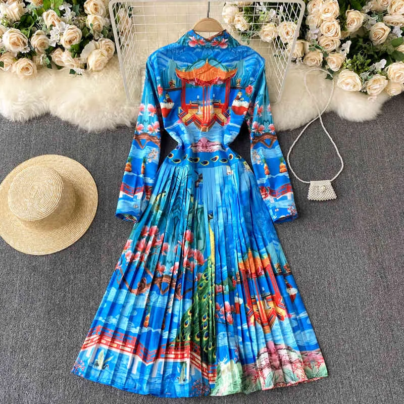 Primavera estilo chino moda estampado Vestidos mujer solapa plisado suelto fino Midi vestido para viajes de vacaciones C368 210507