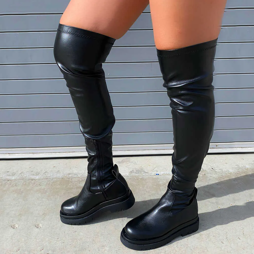 Nieuwe aankomsten ins Hot Trendy Bootschoenen Platform Comfortabele rits non-slip stretchschoen over de knie laarzen vrouw y0914