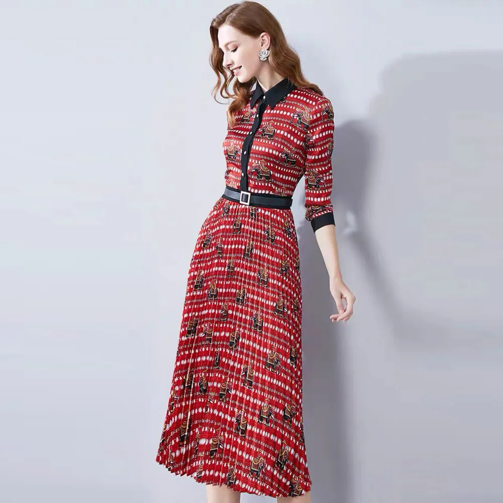 Elegante Midi-Kleider für Frauen, rot, plissiert, Tierpunkt, bedruckt, hohe Taille, Ärmel, Bürodame, Freizeitkleid, Robe Mujer 210421
