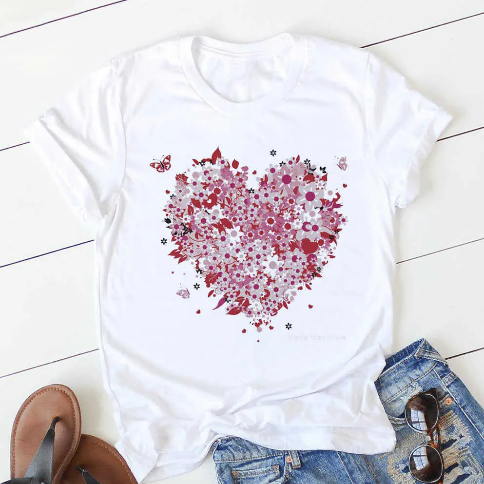 المرأة القمصان الحب القلب المطبوعة الصيف قصيرة الأكمام عارضة قميص المتناثرة الشارع الشهير قمم الإناث t-shirt الإناث الملابس المحملة X0527