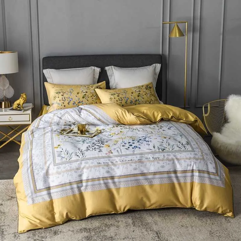 Europäischer Stil Digitaldruck 600TC Ägyptische Baumwolle Bettwäsche-Sets Bettbezug Kissenbezug Flaches Blatt Luxus Queen King#sw 210615