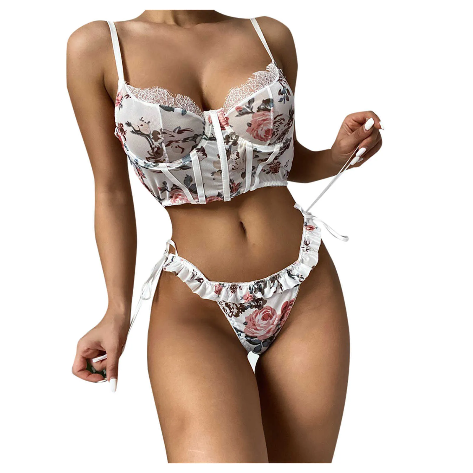 Frauen Unterwäsche Set Sex Korsett BH Tanga Sexy Dessous Versuchung Porno Exotische Sets Perspektive Spitze Blumenstickerei Dessous Y0911