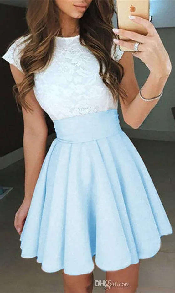 2021 Light Sky Blue Lace Graduation Short Prom dresses Bateau Neck Satin Ruched Mini Homecoming Party Cocktail Dress For Girls Formal