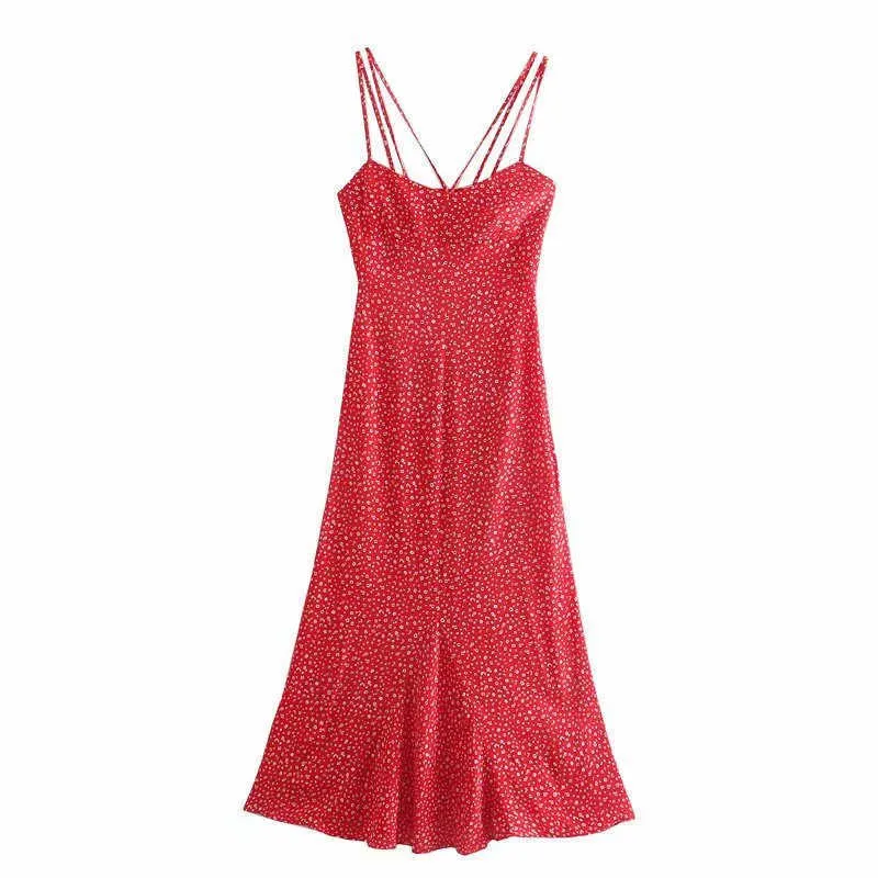 ZA Red Floral Print Long Summer Women Dress Sleeveless Cut Out Sexy Party Dress Chic Smocked Elastic Woman Straps Sundress 210602