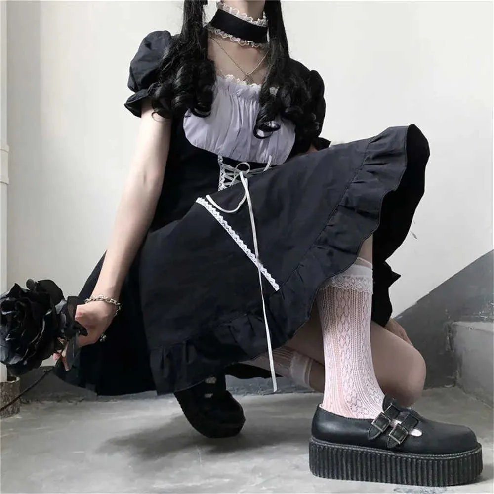 Japonais Lolita gothique manches bouffantes robe fille Patchwork Kawaii à lacets Mini robe vêtements Vintage robes d'été femmes 210619