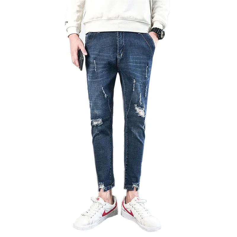 Men's Summer Jeans Men's Fashion Casual Slim Denim Trousers Solid Color Hole Denim Ankle Length Pants 210318