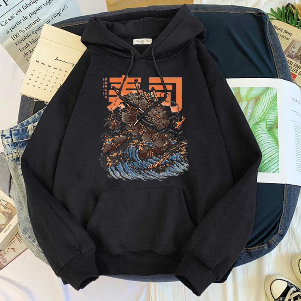 Dessin animé Sushi Dragon Imprimer Hommes Sweats Chaud Lâche Hoodies Automne Casual À Manches Longues Streetwear Survêtement Surdimensionné Pour Homme Y0804