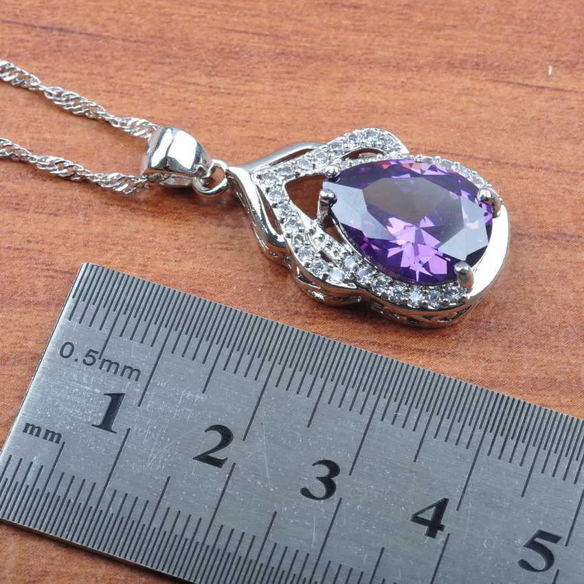 Jóias de casamento natural roxo cristal prata cor conjunto de jóias feminino brincos colar pingente anéis pulseira js0306 h1022256p