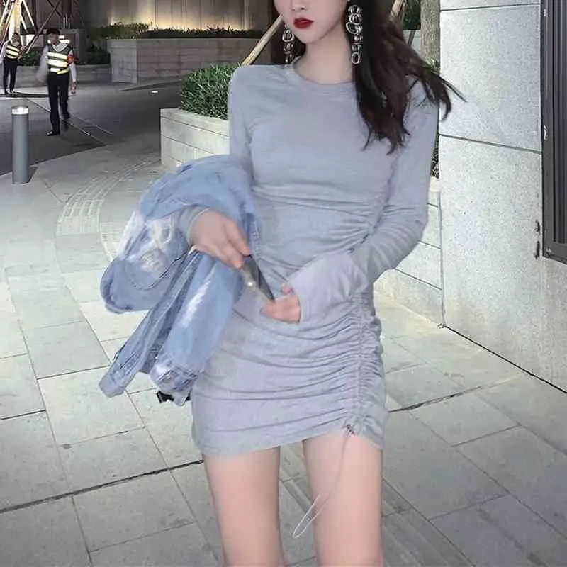 Kimutomo lente jurken vrouwen hong kong stijl o-hals lange mouw trekkoord slanke taille mini vestidos elegante korea chic 210521