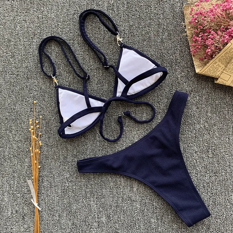 Sexig marinblå bikini 2021 Thong baddräkt Kvinnor skjuter upp badkläder rygglösa sommarstrandstrandkläder fastade högklippta bikini baddräkt 210319