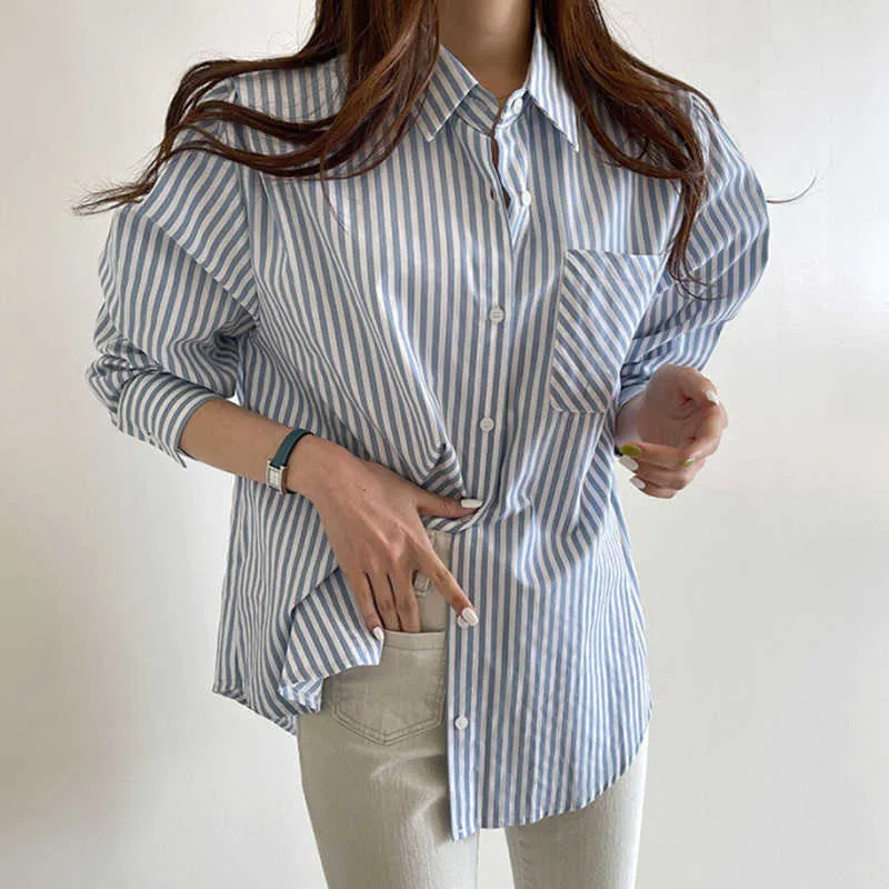 Korejpaa Women Shirt Summer Korean Chic Simple Versatile Lapel Loose Casual Pocket Long Sleeve Milk Soft Striped Blouses 210526