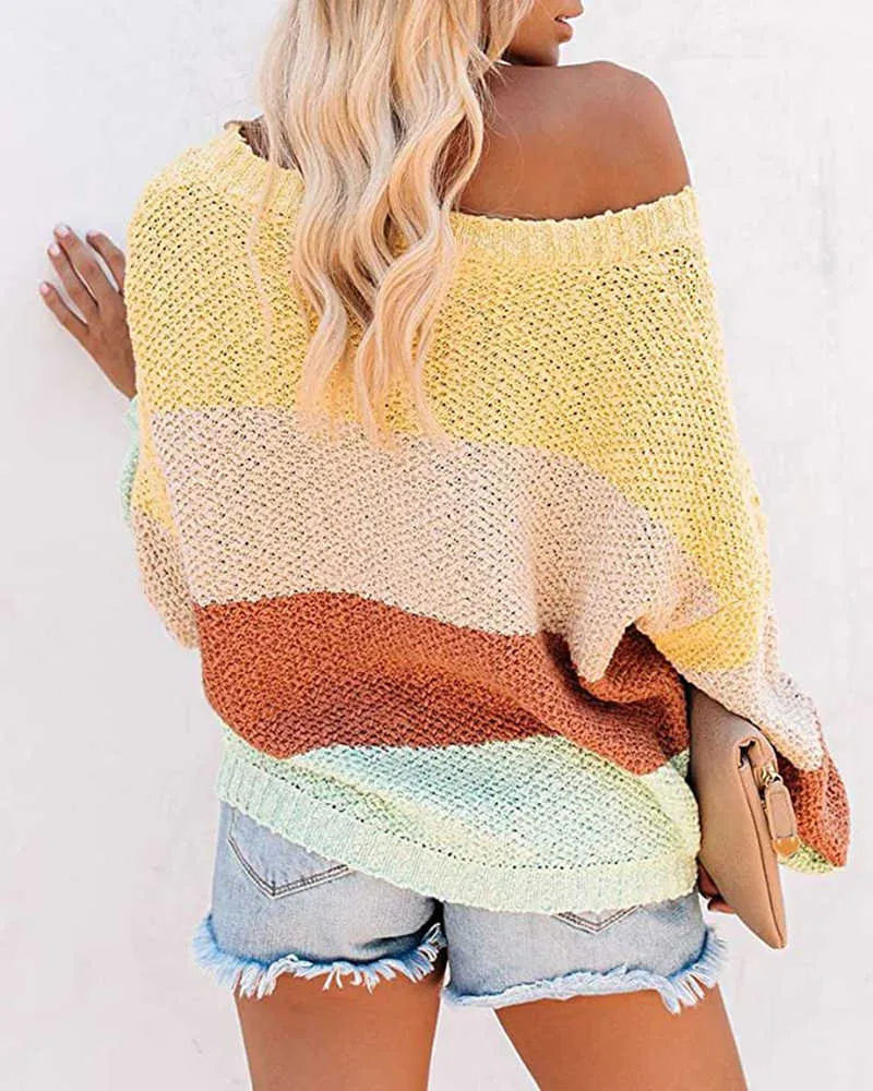 Jesień żeński latarnia rękaw dorywczo luźny sweter z dzianiny puloweru szyjki puloweru na ramieniu pasiasty kolor blokujący kobieta swetry 210604