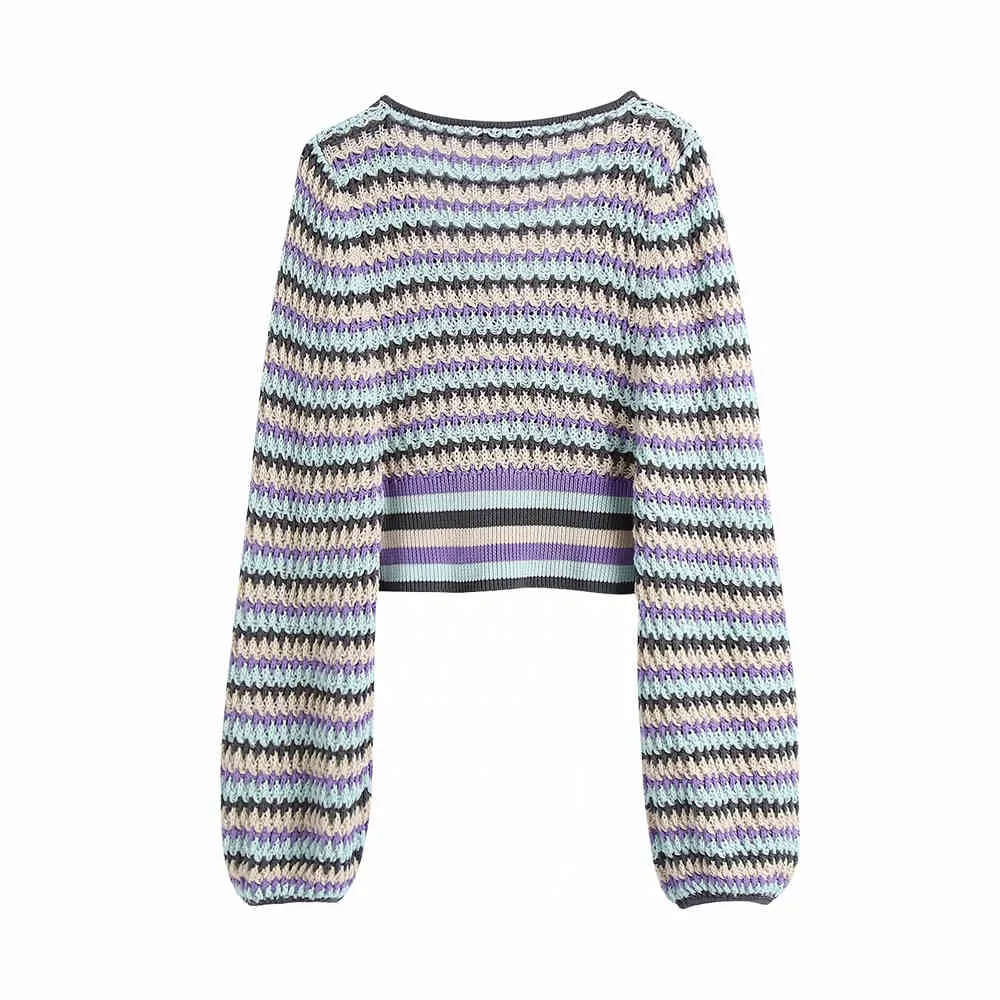 Kobiety Moda Stripe Cropped Dzianiny Sweter Knitting sweter Ladies V Neck Długie Rękawy Balonowe Swetry Topy 210520