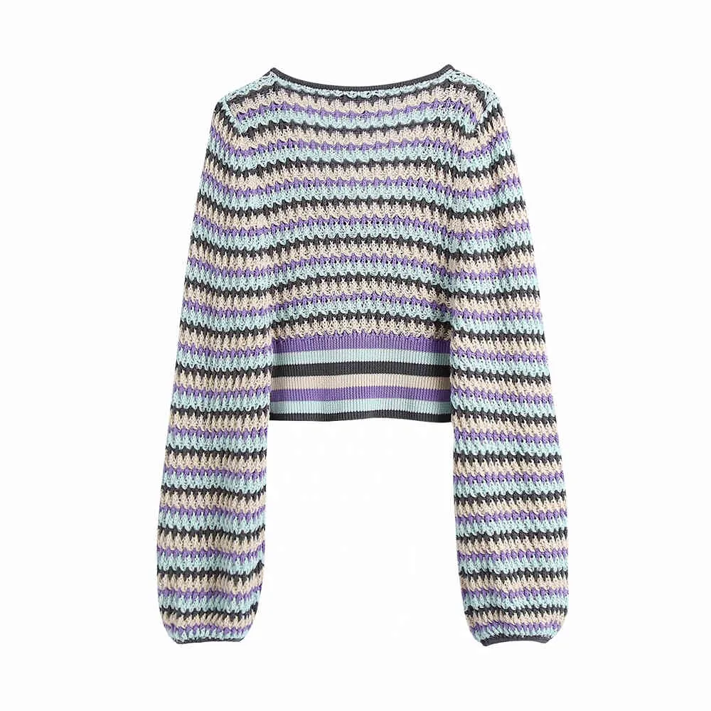 Kvinnor Fashion Stripe Beskuren Knit Tröja Knitting Sweater Ladies V Neck Long Ballong Sleeves Pullovers Toppar 210520