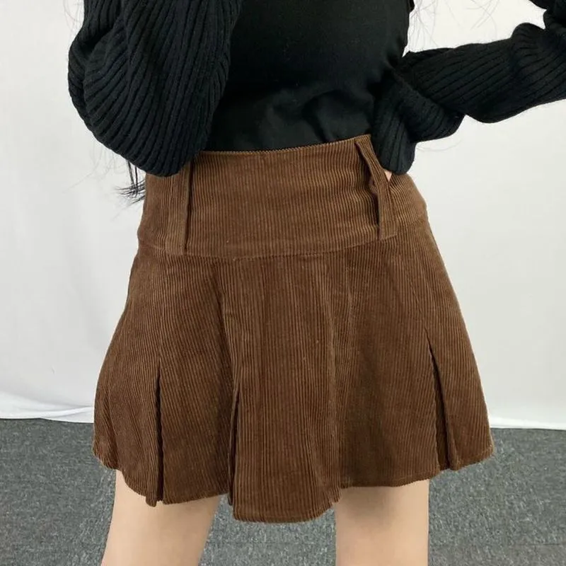 Women's Vintage Corduroy Brown Pleated Skirts 90s Aesthetic Preppy Style Girl Student High Waist Mini Skirt Cute Kawaii Clothes 210517