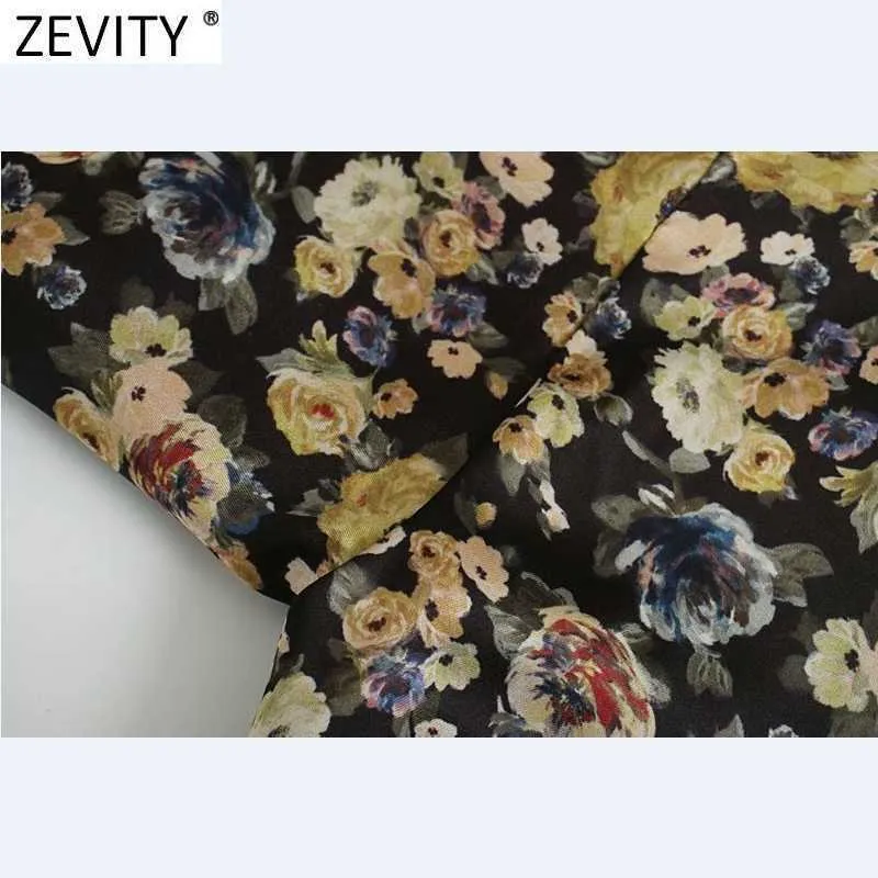 Zevity Women Vintage V Neck Flower Pirnt Bowknot PantsKirt Style Dress Kvinna Långärmad Slim Vestido Chic Lady Clothing DS4905 210603