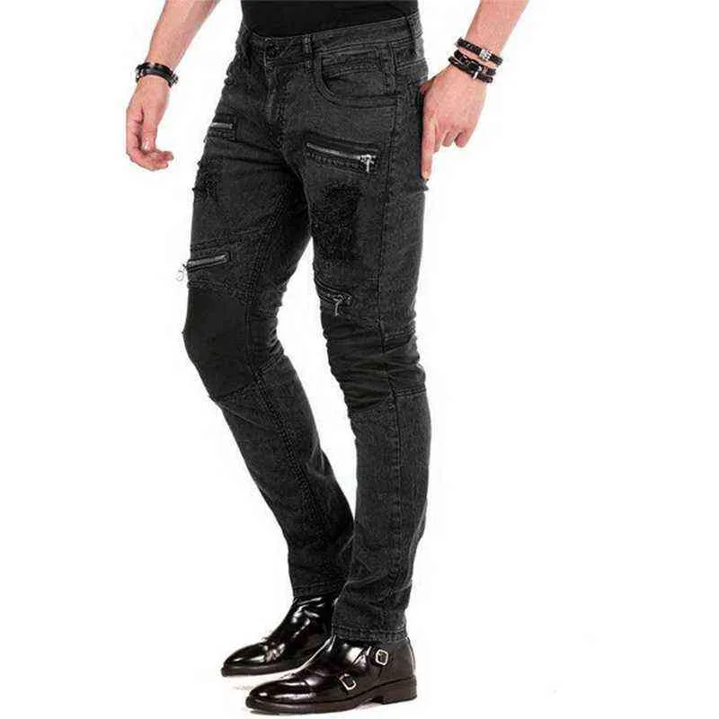 Homens jeans Stretchy Magro Falso Zíperes Destrua Patchwork Calças de Jeans Gótico Moda Denim Calças Casuais Streetwear Biker Jeans 211103