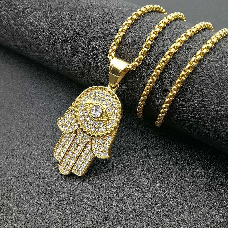 Hip Hop Iced Out Hamsa Hand Of Fatima Turkish Eye Pendant Necklace Gold Color Stainless Steel Chain For Men Jewelry Drop Necklaces2269