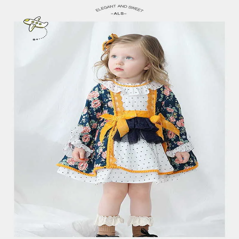 Lente Lolita Style Kids Meisjes Jurk Floral Bow Patchwork met sjerpen Kinderen Leuke kleding E065 210610