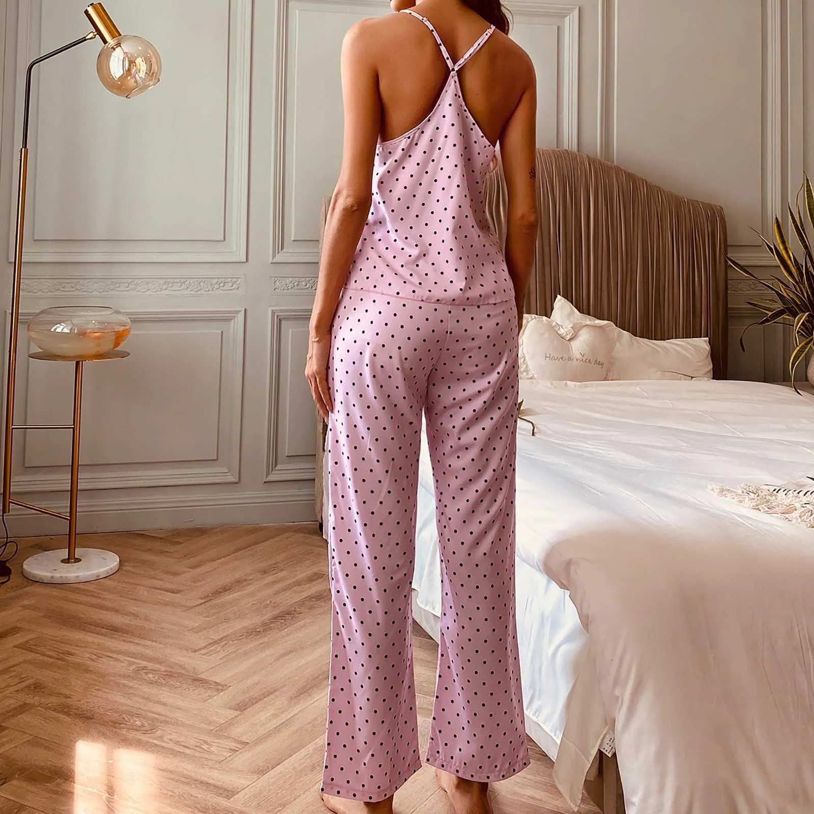 Spagetti Kayışı Pijama Baskı Yaz Iki Parçalı Set Üst Ve Pantolon Pijama Saten Kadınlar V Boyun Seksi Gecelikler Polka Dots Baskı Q0706