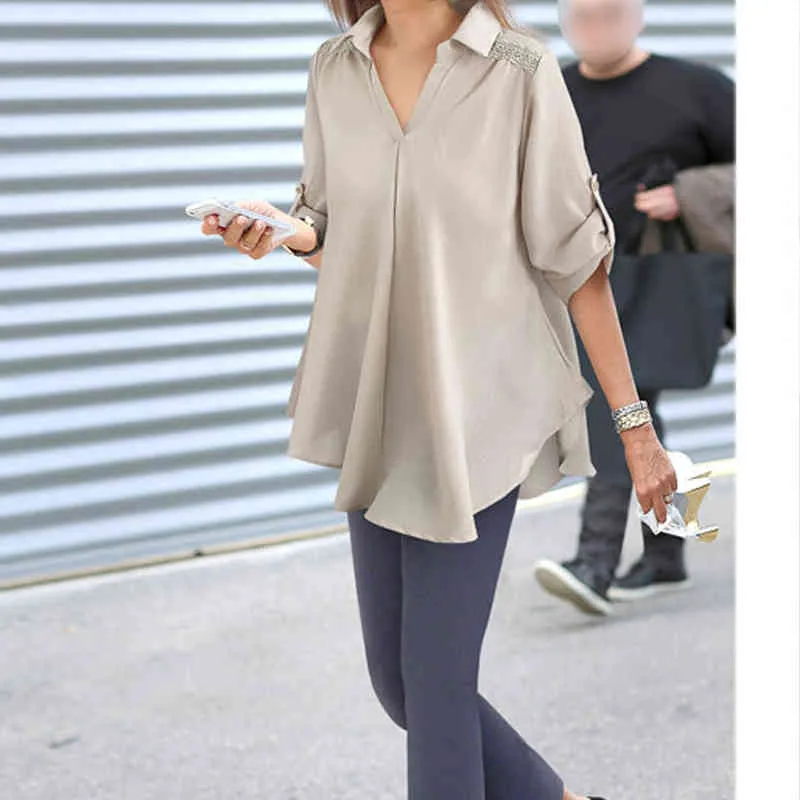 Lente zomer plus size losse vrouwen blouse en tops solide turn down kraag kleding mode casual shirts 14472 210508