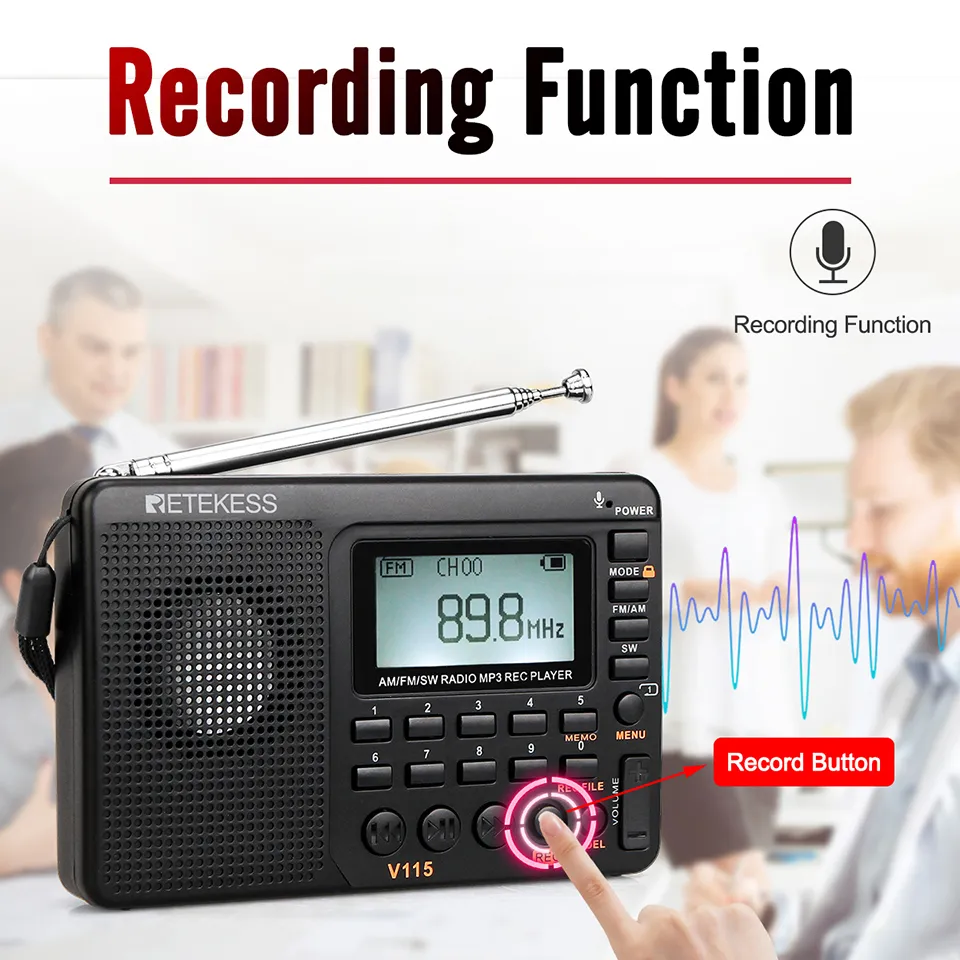 RETEKESS V115 Радио AM FM SW Карманное радио Коротковолновое FM-динамик Поддержка TF-карты USB REC Recorder Sleep Time3908298