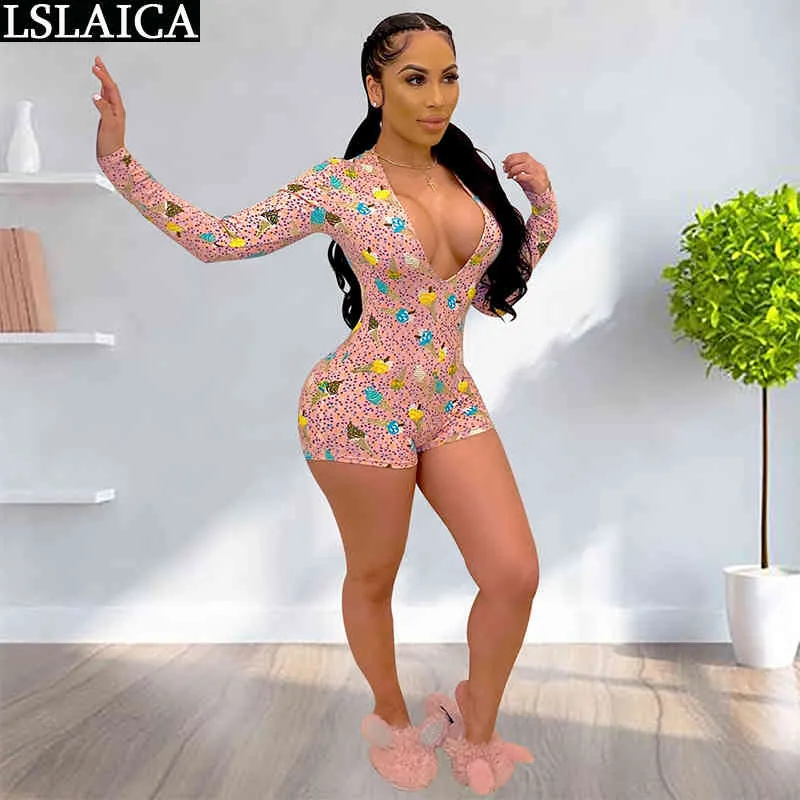 Casual Moda Sexy BodySuit Profundo Pescoço V-Pescoço Cintura Cintura Imprimir Mulheres Elegantes Plus Size Streetwear Jumpsuit 210515